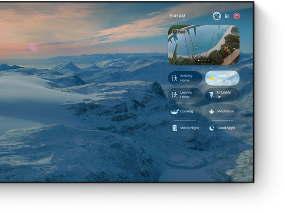 Home app Control Centre on TV screen, mountain landscape wallpaper, live pool camera feed, scene buttons including Good Morning selected, Arriving Home, Movie Night and Good Night