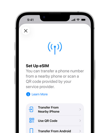 iPhone 17e, front exterior, using the Set Up eSIM feature to easily transfer a phone number from a nearby phone or using a QR Code