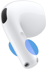 AirPods 5 външна част на слушалката, сини кръгове подчертават къде да докоснеш дръжката за контроли на силата на звука