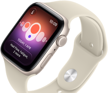 Apple Watch SE 3, алуминиев корпус, астро бял цвят, Проследяване на цикъла с различни менструални симптоми, външна дясна страна, Digital Crown, страничен бутон, спортна каишка, пясъчен цвят