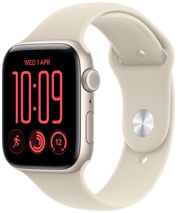 Apple Watch SE 3, алуминиев корпус, астро бял цвят, дясна външна страна, Digital Crown циферблат, микрофон, страничен бутон, свързан със спортна каишка, пясъчен цвят (бледокафяв), закопчалка (закопчалка в сребърно)