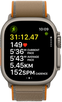 Apple Watch Ultra 4, титанов корпус, натурален цвят, усъвършенствани метрики за тренировка Бягане на открито, дясна външна част, Digital Crown, издаден страничен бутон, каишка Trail Loop, цвят пясък