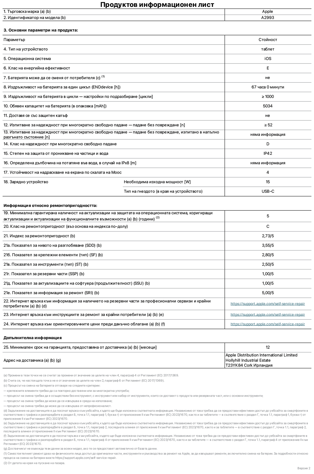 Продуктов информационен лист за iPad mini Wi-Fi, модел A2993. Доставено от Apple Distribution International Ltd, Hollyhill Industrial Estate. Cork, Ирландия T23 YK84. Тип устройство: таблет. Операционна система: iOS. Клас на енергийна ефективност: E. Батерията може да се сменя от потребителя: не. Издръжливост на батерията: 67 часа. Издръжливост на батерията в цикли: по-голяма или равна на 1000. Обявен капацитет на батерията: 5034 mAh. Изпитване за надеждност при многократно свободно падане - падане без повреждане: по-голямо или равно на 52. Клас на надеждност при многократно свободно падане: D. Степен на защита от проникване на частици и вода: IP42. Устойчивост на надраскване на екрана по скалата на твърдост на Моос: 4. Необходима изходна мощност на зарядното устройство: 15 W. Тип на гнездото за зарядно устройство: USB-C. Минимална гарантирана наличност на актуализации за сигурност на операционната система, коригиращи актуализации и актуализации на функционалността: 5 години. Клас на ремонтопригодност: C. Индекс на ремонтопригодност: 2,73/5. Показател за нивото на разглобяване: 3,55/5. Показател на крепежните елементи: 2,80/5. Показател за инструменти: 2,50/5. Показател за резервни части: 1,00/5. Показател за актуализации на софтуера: 1,00/5. Показател за информация за ремонт: 5,00/5. Уебвръзка към информация за наличността на резервни части за професионални сервизи и крайни потребители: https://support.apple.com/self-service-repair. Уебвръзка към инструкции за ремонт за крайни потребители: https://support.apple.com/self-service-repair. Уебвръзка към ориентировъчни цени преди данъци: https://support.apple.com/self-service-repair. Предлага се 12-месечна обща гаранция.