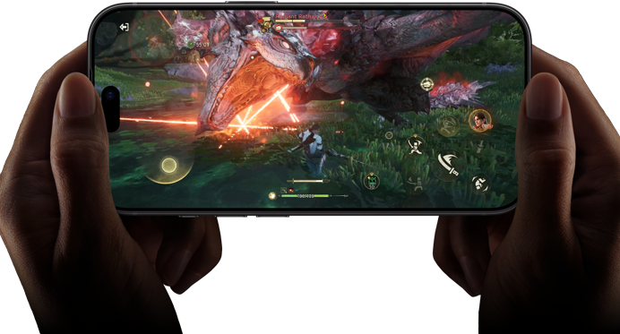 iPhone 18 Pro, преден екстериор, демонстрира работата на A20 Pro чипа със сцена от Monster Hunter Outlanders