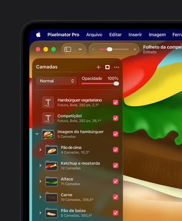 Ferramentas de sobreposição do Pixelmator Pro, ferramentas de organização, imagem gráfica de um hambúrguer para um panfleto