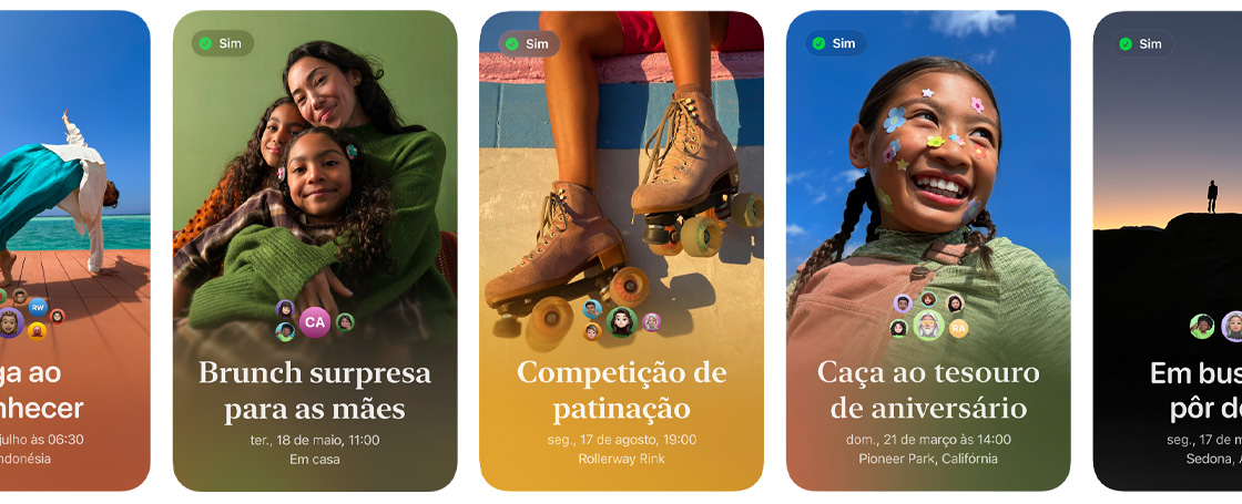 Fileira de Convites Apple Invites com fotos personalizadas coloridas de eventos chamados Brunch surpresa para a mamãe; Batalha de dança com patins e Caça ao tesouro de aniversário