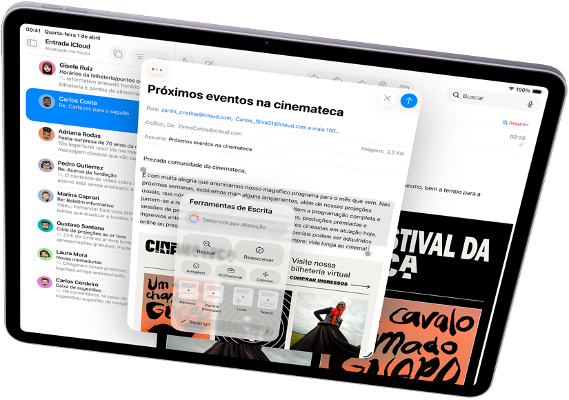 Imagem de um iPad Air na horizontal mostrando a Apple Intelligence com as Ferramentas de Escrita no app Mail.