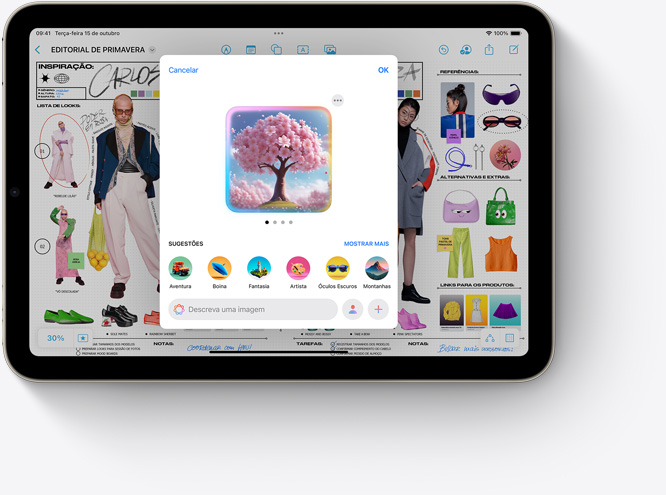Um iPad mini mostrando o Image Playground, um novo recurso da Apple Intelligence em uso com o Freeform.