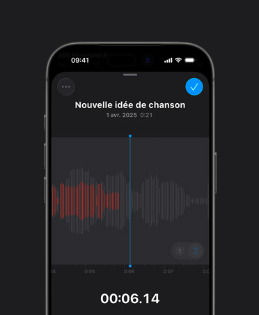 Écran d’iPhone 16, enregistrement importé dans Logic Pro, captation en rouge, ondes sonores, bouton de lecture, nouvelle idée de chanson, date et durée
