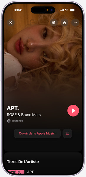 Écran d’iPhone affichant « APT » de ROSÉ et Bruno Mars, indiquant que Shazam a identifié le morceau