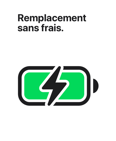 Message « remplacement sans frais » au-dessus d’une icône de batterie chargée