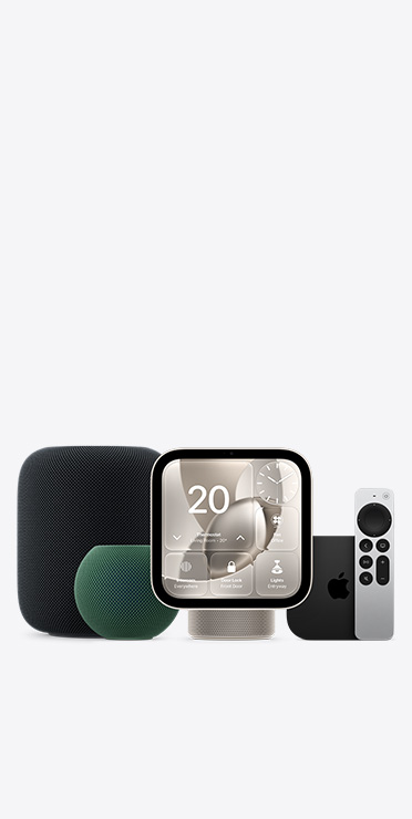Différents appareils Apple Home, dont un HomePod couleur minuit, un HomePod mini 2 couleur vert, un Apple HomeView, couleur comète (or pâle), affichant l’app Domicile, et une Apple TV 4K avec télécommande Siri Remote