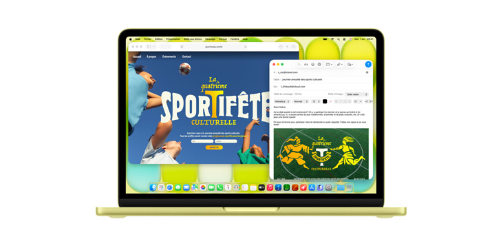 MacBook Neo affichant plusieurs apps ouvertes, dont Safari et Mail, ainsi qu’une affiche publicitaire intitulée La quatrième Sportifête culturelle.