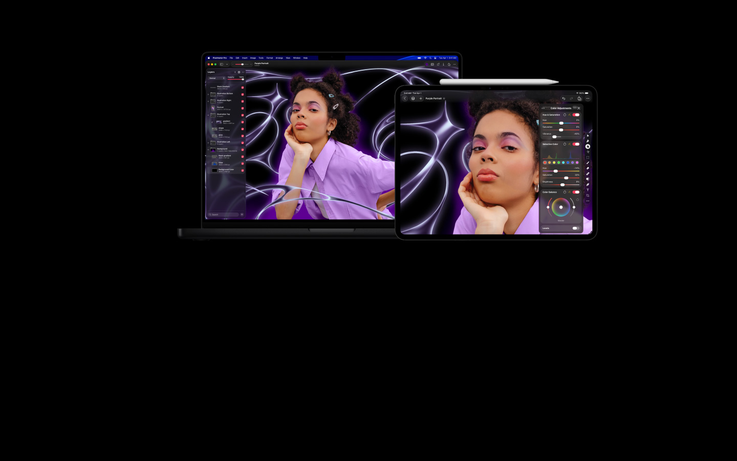 Image d’une personne avec des tresses portant un chandail mauve devant un arrière-plan stylisé abstrait, transition vers un MacBook Pro 16 pouces et un iPad Pro 13 pouces, les écrans montrent l’espace de travail de Pixelmator Pro avec le panneau des calques sur le côté, édition d’image