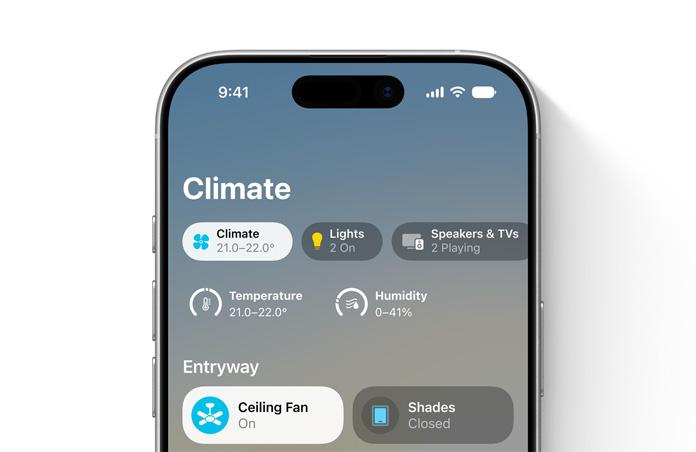 iPhone screen displays Home app, Climate category, temperature and humidity dials, Entryway section shows ceiling fan and shades controls