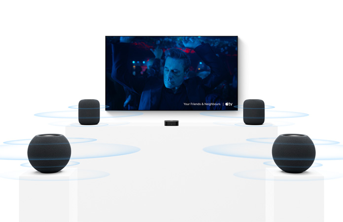 Apple TV 4K, TV screen, two midnight HomePod speakers on left and right, two midnight HomePod mini 2 speakers in foreground, concentric sound waves radiate from each speaker