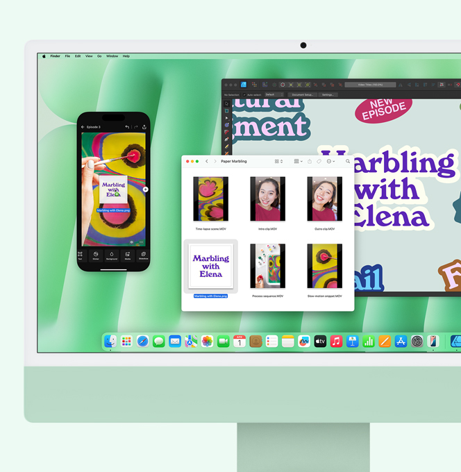 iMac verde. Duplicación del iPhone en uso. Un archivo se arrastra de un iMac a la pantalla duplicada del iPhone