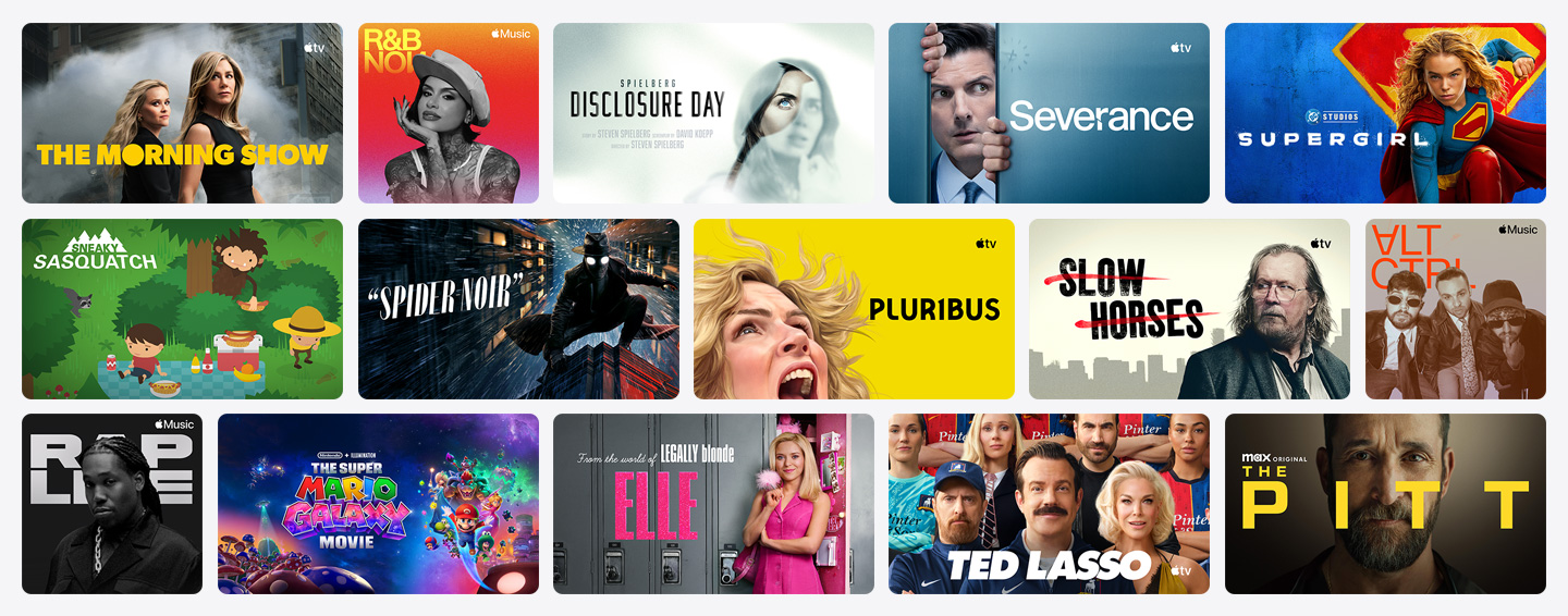 Mřížka s plakáty Apple TV, Apple Music, Apple Arcade a služeb vybraných partnerů