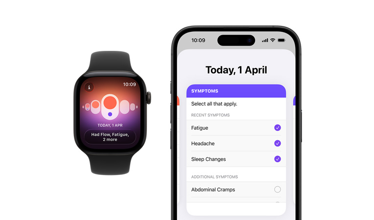 Apple Watch Series 12, titanové pouzdro, přírodní barva, sportovní řemínek, černá barva, aplikace Sledování cyklu, spárovaný iPhone a na něm otevřené okno s výběrem denních symptomů