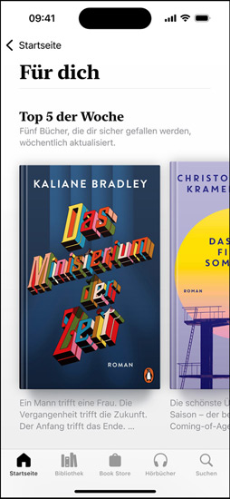 iPhone Bildschirm, der den Bereich „Für dich in der Books App zeigt. Die wöchentliche Top 5 Liste wird angezeigt