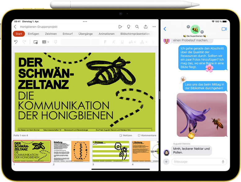 Split View von PowerPoint und Nachrichten auf dem iPad, an dem der Apple Pencil magnetisch haftet.