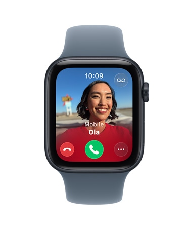 Apple Watch SE 3, aluminum case, midnight color, incoming call, contact photo, accept and decline call buttons, right side exterior, Digital Crown, Sport Band, anchor blue color