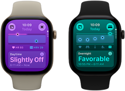 Kaks Apple Watch Series 12 seadet: alumiiniumkorpus, toonis hele kuld, päevased tervisenäitajad on veidi tavapärasest erinevad, Digital Crown, liiva toonis Sport Band, alumiiniumkorpus, must toon, öised tervisenäitajad head, Digital Crown, must Sport Band