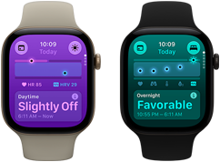 Kaks Apple Watch Series 12 seadet: alumiiniumkorpus, toonis hele kuld, päevased tervisenäitajad on veidi tavapärasest erinevad, Digital Crown, liiva toonis Sport Band, alumiiniumkorpus, must toon, öised tervisenäitajad head, Digital Crown, must Sport Band