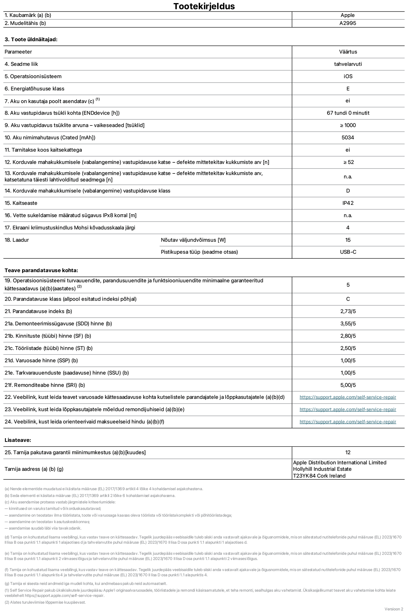 Toote iPad mini Wi-Fi + Cellular, mudeli A2995 infoleht. Tarnija on Apple Distribution International Limited, Hollyhill Industrial Estate. Cork, Ireland T23 YK84. Seadme tüüp: tahvelarvuti. Operatsioonisüsteem: iOS. Energiatõhususklass: E. Aku vahetatav kasutajale: ei. Aku vastupidavus: 67 tundi. Aku kestvustsüklid – vaikesätted: suurem või võrdne 1000-ga. Akumaht: 5034 mAh. Korduv vabalangemise usaldusväärsustest – kukub ilma defektita: ≥ 52. Korduv vabalangemise usaldusväärsusklass: D. Tolmu- ja veekindluse kaitse hinnang: IP42. Ekraani kriimustuskindlus Mohsi kõvaduse skaalal: 4. Laadija nõutav väljundvõimsus: 15W. Laadija tüüp: USB-C. Opsüsteemi turva-, korrektiiv- ja funktsionaalsusvärskenduste minimaalne tagatud saadavus: 5 aastat. Parandatavusklass: C. Parandatavusindeks: 2,73/5. Lahtivõtmise sügavuse hinne: 3,55/5. Kinnitusdetailide hinne: 2,80/5. Tööriistade hinne: 2,50/5. Varuosade hinne: 1,00/5. Tarkvaravärskenduste hinne: 1,00/5. Parandusteabe hinne: 5,00/5. Teave varuosade kättesaadavuse kohta professionaalsetele parandajatele ja lõppkasutajatele: https://support.apple.com/self-service-repair. Parandusjuhised lõppkasutajatele: https://support.apple.com/self-service-repair. Soovituslikud maksueelsed hinnad: https://support.apple.com/self-service-repair. 12-kuune üldgarantii.