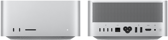 Mac Studio, esikülg, kaks USB‑C liidest, SDXC-kaardipesa, olekunäidik, alumises osas kitsenev alus, lame ülaosa, ümarad küljed, sirged servad, hõbedane, Mac Studio, tagakülg, perforeeritud alumiiniumist õhuava, neli Thunderbolt 5 liidest, üks Etherneti liides, toitepesa, kaks USB-A liidest, HDMI-liides, kõrvaklapipesa ja toitenupp