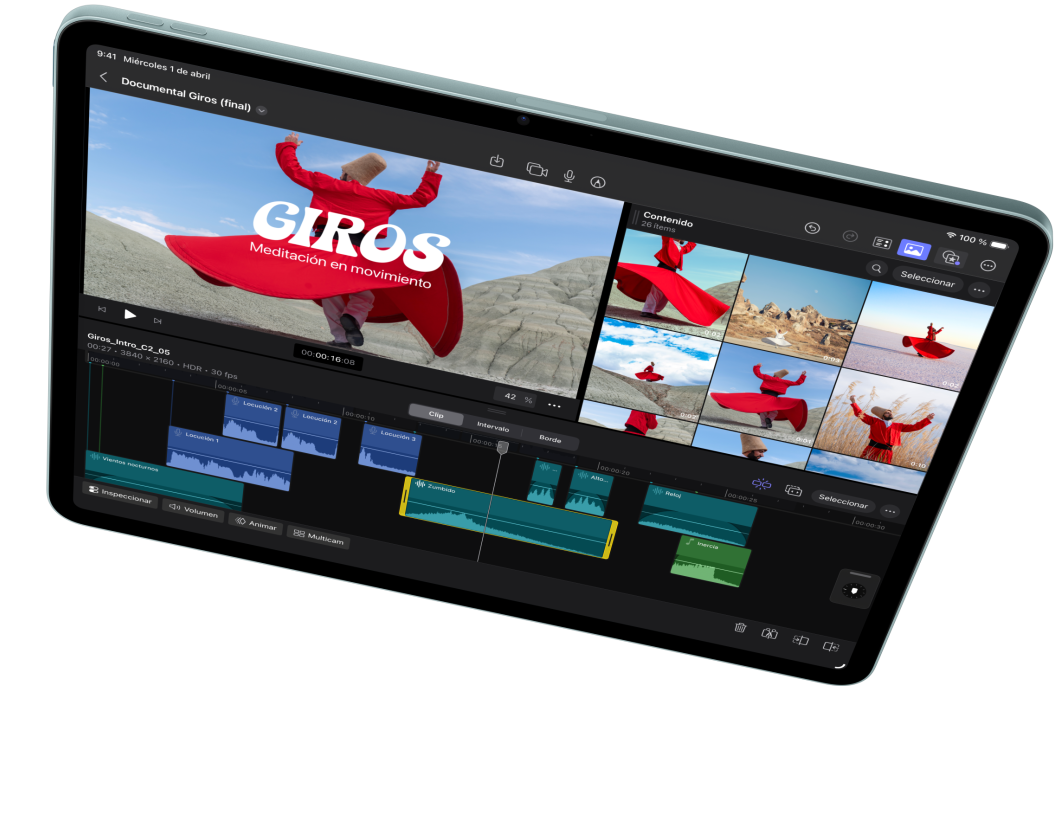 iPad Air en horizontal que muestra la edición de un vídeo en Final Cut Pro