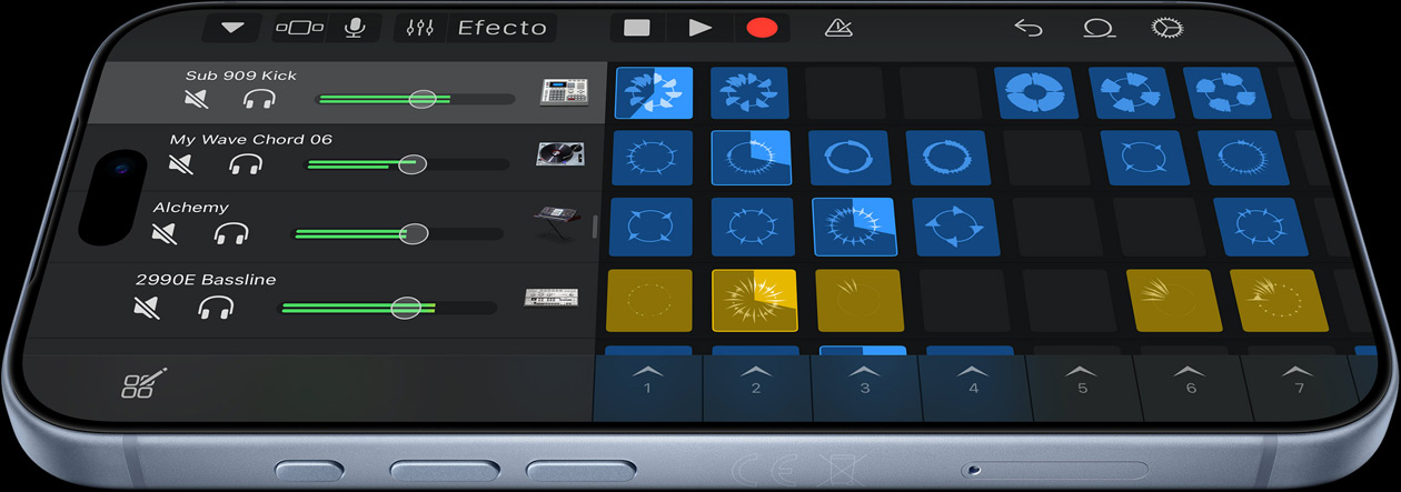 iPhone 18 Pro en azul glacial que muestra la interfaz de usuario de la app de producción musical Logic Pro