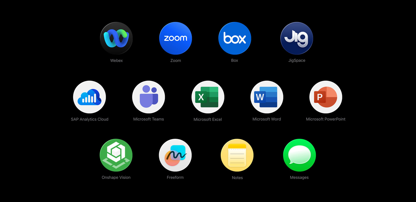 Various app icons in a scattered array, including Webex, Zoom, Box, JigSpace, SAP Analytics Cloud, Microsoft Teams, Microsoft Excel, Microsoft Word, Microsoft PowerPoint, Onshape Vision, Freeform, Notes and Messages