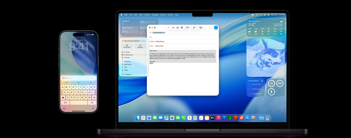 Un iPhone y un Mac muestran Apple Intelligence, junto con el salvapantallas de macOS Tahoe.