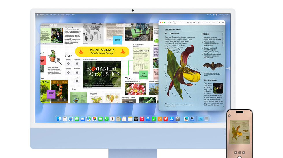 Un iMac y un iPhone muestran contenido vibrante, y el iMac tiene el fondo de pantalla de macOS Tahoe.
