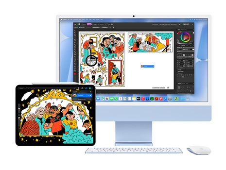Una ilustración llamativa y divertida en un iPad y el escritorio de un iMac con macOS Tahoe. En el iMac, la misma ilustración está dentro de una aplicación creativa.