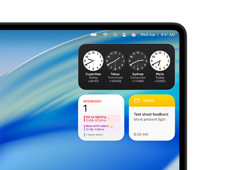 Escritorio del Mac con macOS Tahoe y varios widgets, como Reloj, Calendario y Notas.