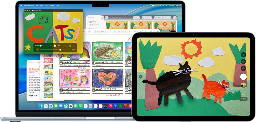 Mac e iPad a mostrar uma apresentação criativa com animais texturizados demonstrando a versatilidade dos dispositivos
