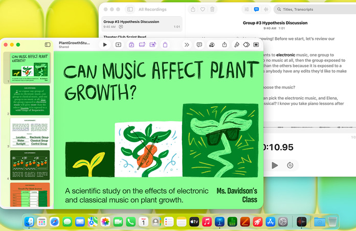 Ecrã de um Mac com uma apresentação do Keynote intitulada “Can Music Affect Plant Growth?” com uma transcrição do Dictafone, para mostrar a versatilidade