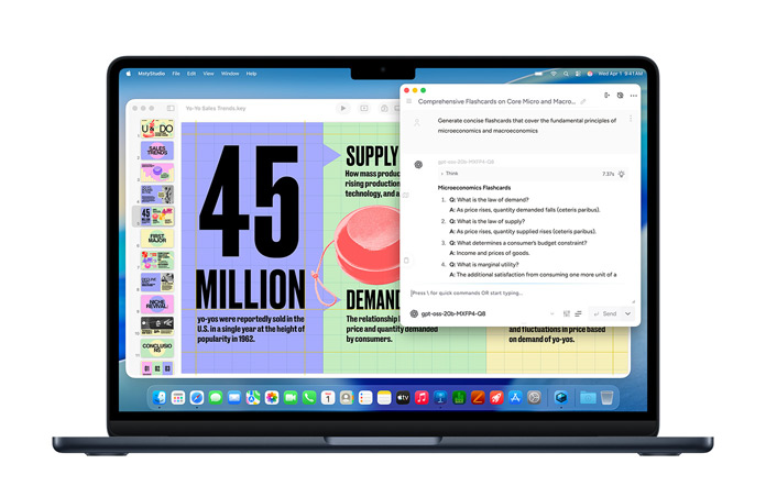 MacBook a mostrar o ecrã do Msty Studio com cartões de estudo de microeconomia, para demonstrar as capacidades de IA no dispositivo