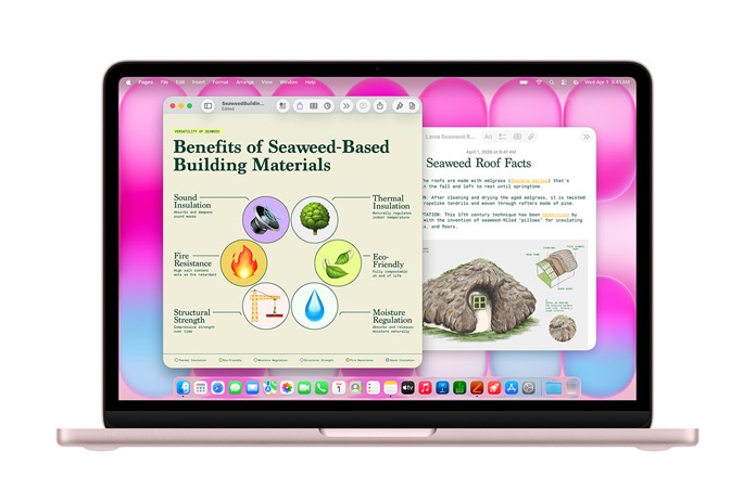MacBook Neo com as apps Pages e Notas abertas em apresentações sobre telhados de algas marinhas, destacando o desempenho