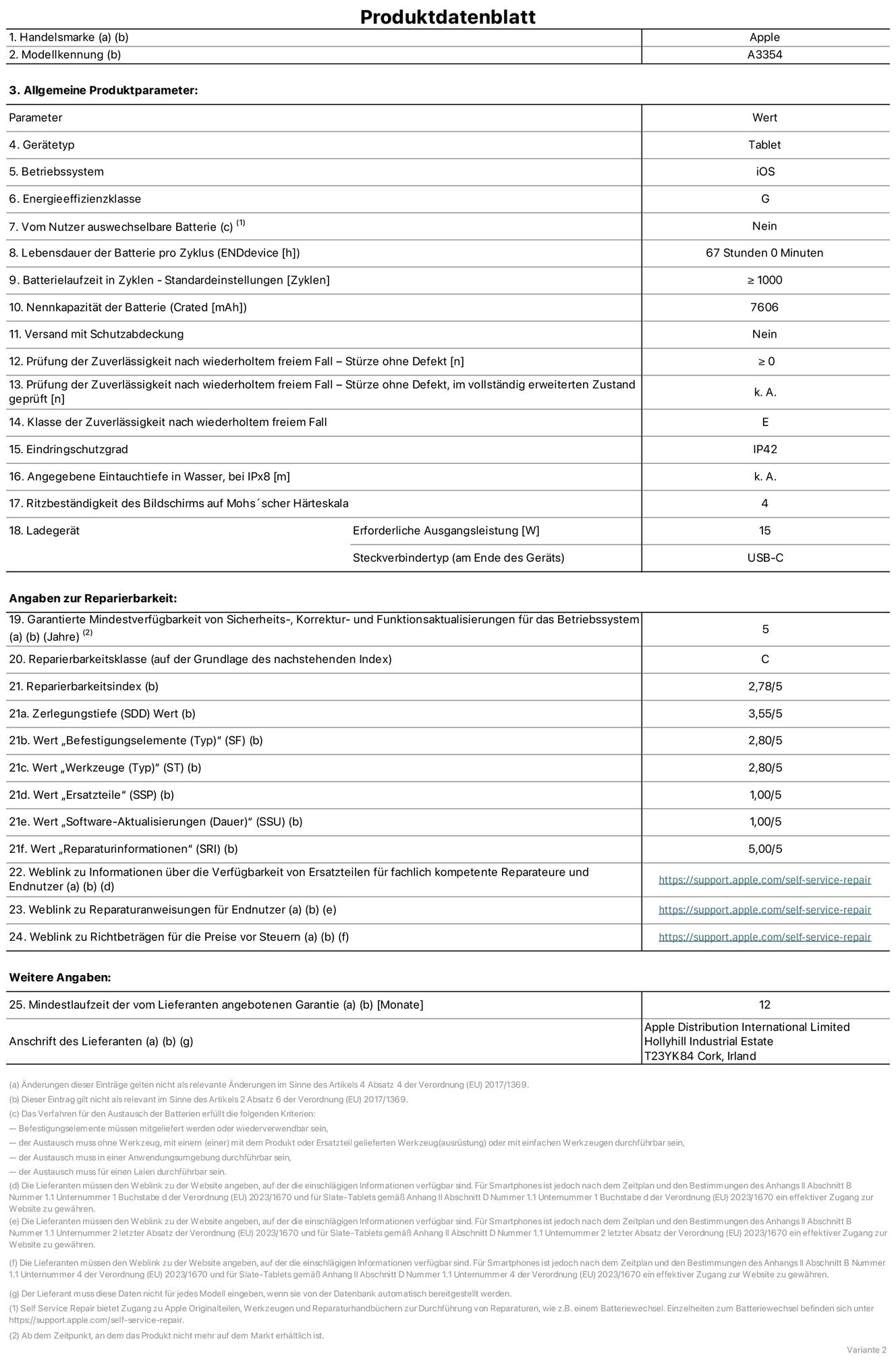 Produktinformationsblatt für iPad Wi‑Fi, Modell A3354. Bereitgestellt von Apple Distribution International Ltd, Hollyhill Industrial Estate. Cork, Irland T23 YK84. Gerätetyp: Tablet. Betriebssystem: iOS. Energieeffizienzklasse: G. Vom Benutzer auswechselbare Batterie: nein. Batterielaufzeit: 67 Stunden. Batterielaufzeit in Zyklen: ≥ 1000. Nennkapazität der Batterie: 7606 mAh. Prüfung der Zuverlässigkeit nach wiederholtem freiem Fall – Stürze ohne Defekt: ≥ 0. Klasse der Zuverlässigkeit nach wiederholtem freiem Fall: E. Eindringschutzgrad: IP42. Ritzbeständigkeit des Displays auf Mohs’scher Härteskala: 4. Erforderliche Ausgangsleistung des Ladegeräts: 15W. Anschluss Ladegerät: USB‑C. Garantierte Mindestverfügbarkeit von Sicherheits‑, Korrektur‑ und Funktionsaktualisierungen für das Betriebssystem: 5 Jahre. Reparierbarkeitsklasse: C. Reparierbarkeitsindex: 2,78/5. Wert „Zerlegungstiefe“: 3,55/5. Wert „Befestigungselemente“: 2,80/5. Wert „Werkzeuge“: 2,80/5. Wert „Ersatzteile“: 1,00/5. Wert „Software-Aktualisierungen“: 1,00/5. Wert „Reparaturinformationen“: 5,00/5. Weblink zu Informationen über die Verfügbarkeit von Ersatzteilen für fachlich kompetente Reparateure und Endnutzer: https://support.apple.com/self-service-repair. Weblink zu Reparaturanweisungen für Endnutzer: https://support.apple.com/self-service-repair. Weblink zu Richtbeträgen für die Preise vor Steuern: https://support.apple.com/self-service-repair. 12 Monate angebotene allgemeine Garantie.