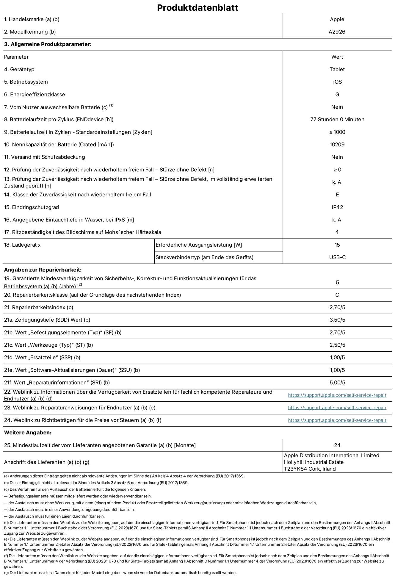 Produktinformationsblatt für 13" iPad Pro Wi‑Fi + Cellular. Modell A2926. Bereitgestellt von Apple UK Ltd, 100 New Bridge Street, London EC4V 6JA. Gerätetyp: Tablet. Betriebssystem: iOS. Energieeffizienzklasse für Standard Dynamic Range: G. Batterielaufzeit 77 Stunden. Batterielaufzeit in Zyklen: ≥ 1000. Nennkapazität der Batterie: 10209 mAh. Prüfung der Zuverlässigkeit nach wiederholtem freiem Fall – Stürze ohne Defekt: ≥ 0. Zuverlässigkeitsklasse für wiederholten freien Fall: E. Eintrittsschutz: IP42. Ritzbeständigkeit des Displays auf Mohs’scher Härteskala: 4. Erforderliche Ausgangsleistung des Ladegeräts: 15W. Anschluss Ladegerät: USB-C. Garantierte Mindestverfügbarkeit von Sicherheits‑, Korrektur‑ und Funktionsaktualisierungen für das Betriebssystem: 5 Jahre. Reparierbarkeitsklasse: C. Reparierbarkeitsindex: 2,70/5. Wert „Zerlegungstiefe“: 3,50/5. Wert „Befestigungselemente (Typ)“: 2,70/5. Wert „Werkzeuge“: 2,50/5. Wert „Ersatzteile“: 1,00/5. Wert „Software-Aktualisierungen“: 1,00/5. Wert „Reparaturinformationen“: 5,00/5. Weblink zu Informationen über die Verfügbarkeit von Ersatzteilen für fachlich kompetente Reparateure und Endnutzer: https://support.apple.com/self-service-repair. Weblink zu Reparaturanweisungen für Endnutzer: https://support.apple.com/self-service-repair. Weblink zu Richtbeträgen für die Preise vor Steuern: https://support.apple.com/self-service-repair. 24 Monate angebotene allgemeine Garantie.