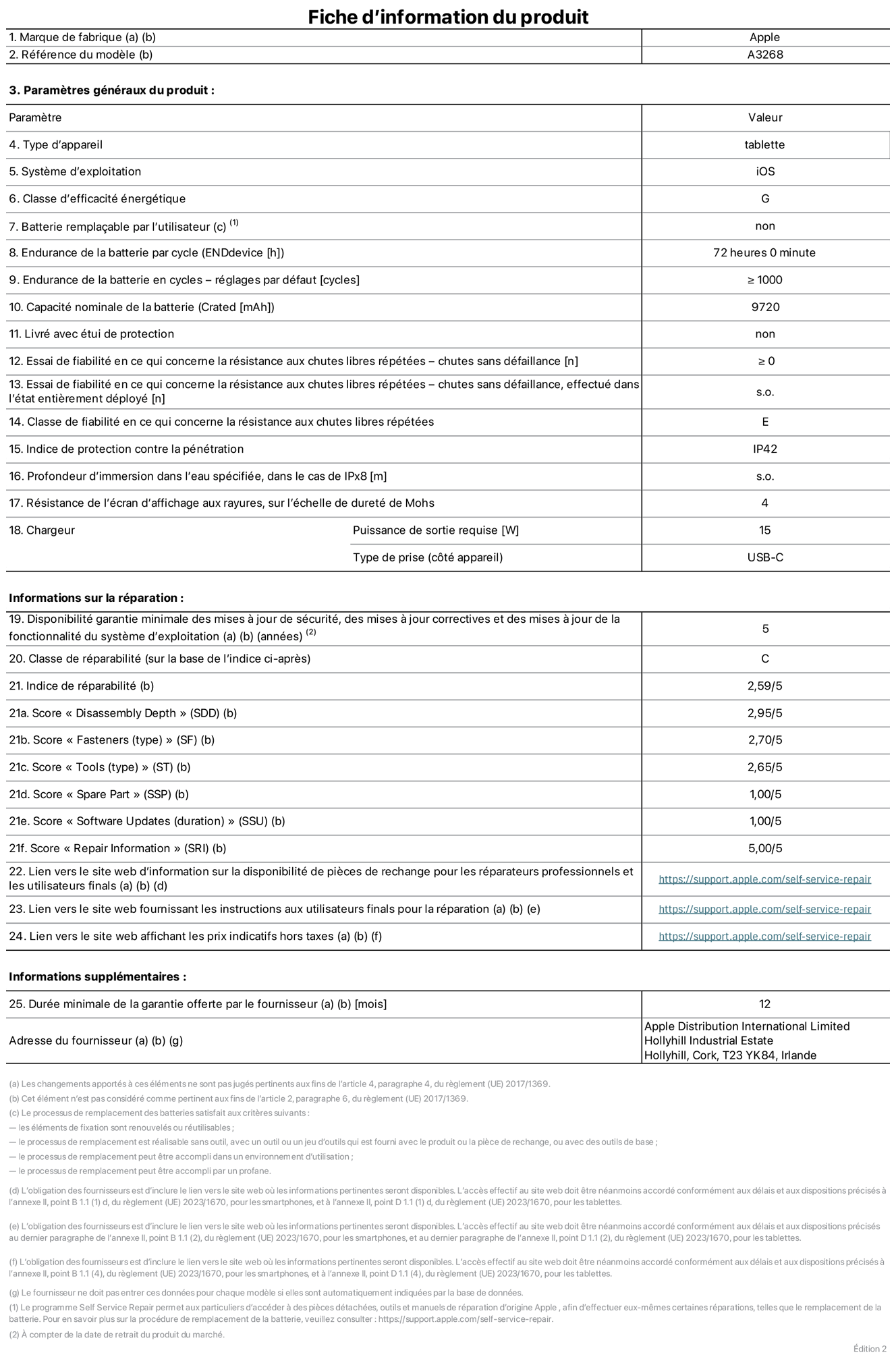 Fiche d’informations produit de l’iPad Air 13 pouces Wi‑Fi, modèle A3268. Fournie par Apple UK Ltd, 100 New Bridge Street, Londres EC4V 6JA. Type d’appareil : tablette. Système d’exploitation : iOS. Classe d’efficacité énergétique en plage dynamique standard : G. Endurance de la batterie : 72 heures. Endurance de la batterie en cycles : ≥ 1000. Capacité nominale de la batterie : 9 720 mAh. Essai de fiabilité en ce qui concerne la résistance aux chutes libres répétées – chutes sans défaillance : ≥ 0. Classe de fiabilité en ce qui concerne la résistance aux chutes libres répétées : E. Indice de protection contre la pénétration : IP42. Résistance de l’écran d’affichage aux rayures sur l’échelle de dureté de Mohs : 4. Puissance de sortie requise du chargeur : 15 W. Type de prise : USB‑C. Disponibilité garantie minimale des mises à jour de sécurité, des mises à jour correctives et des mises à jour de la fonctionnalité du système d’exploitation : 5 ans. Classe de réparabilité : C. Indice de réparabilité : 2,59/5. Score pour la profondeur de désassemblage : 2,95/5. Score pour les éléments de fixation (type) : 2,70/5. Score pour les outils : 2,65/5. Score pour les pièces de rechange : 1,00/5. Score pour les mises à jour logicielles : 1,00/5. Score pour les mises à jour logicielles : 1,00/5. Score pour les informations de réparation : 5,00/5. Lien vers le site web d’information sur la disponibilité des pièces de rechange pour les réparateurs professionnels et les utilisateurs finaux : https://support.apple.com/self-service-repair. Lien vers le site web fournissant les instructions aux utilisateurs finaux pour la réparation : https://support.apple.com/self-service-repair. Lien vers le site web affichant les prix indicatifs hors taxes : https://support.apple.com/self-service-repair. Garantie générale de 12 mois offerte.