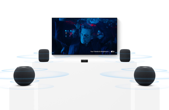 Apple TV 4K, TV screen, two midnight HomePod speakers on left and right, two midnight HomePod mini 2 speakers in foreground, concentric sound waves radiate from each speaker