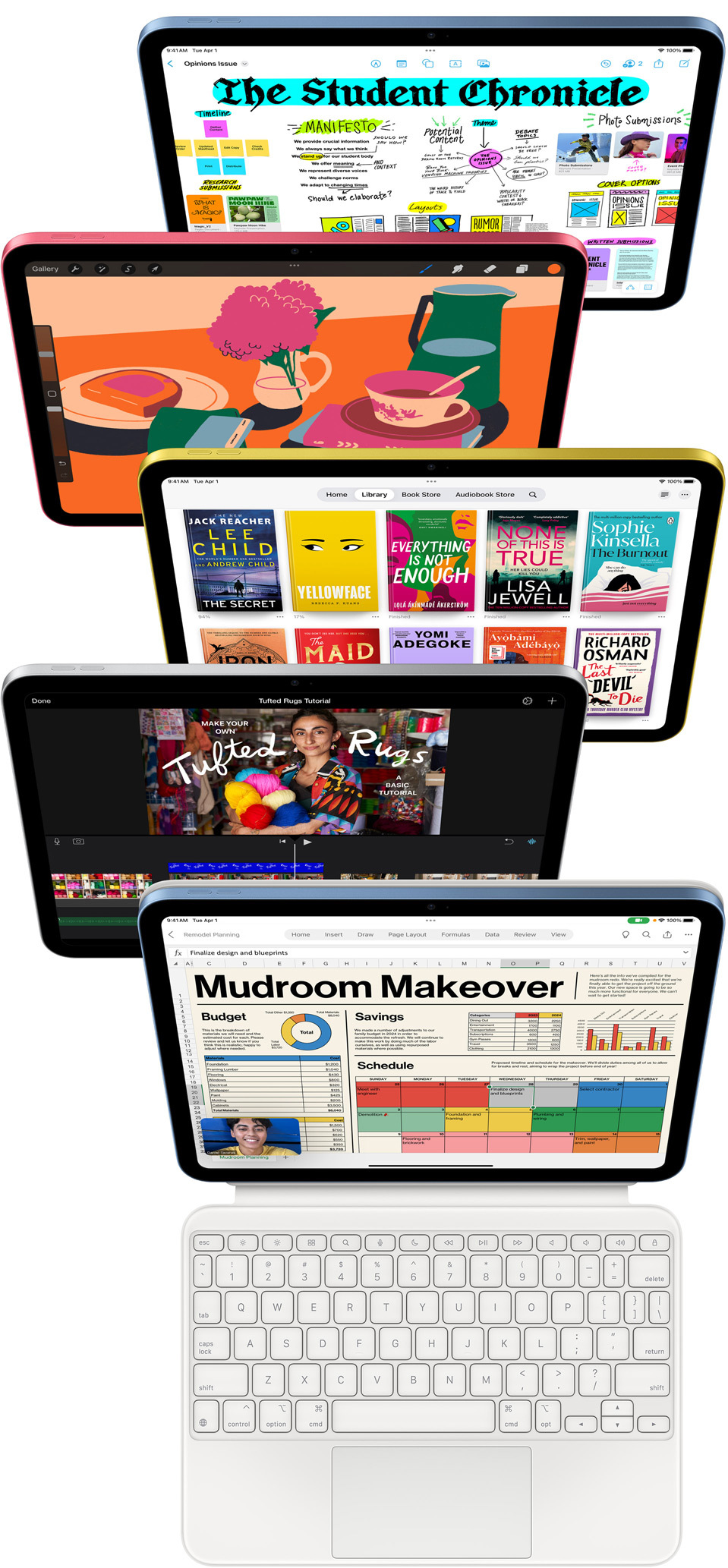 Des écrans d’iPad affichent toute une variété d’apps, dont Freeform, ProCreate, Livres, iMovie et Microsoft Excel avec Webex Meetings.