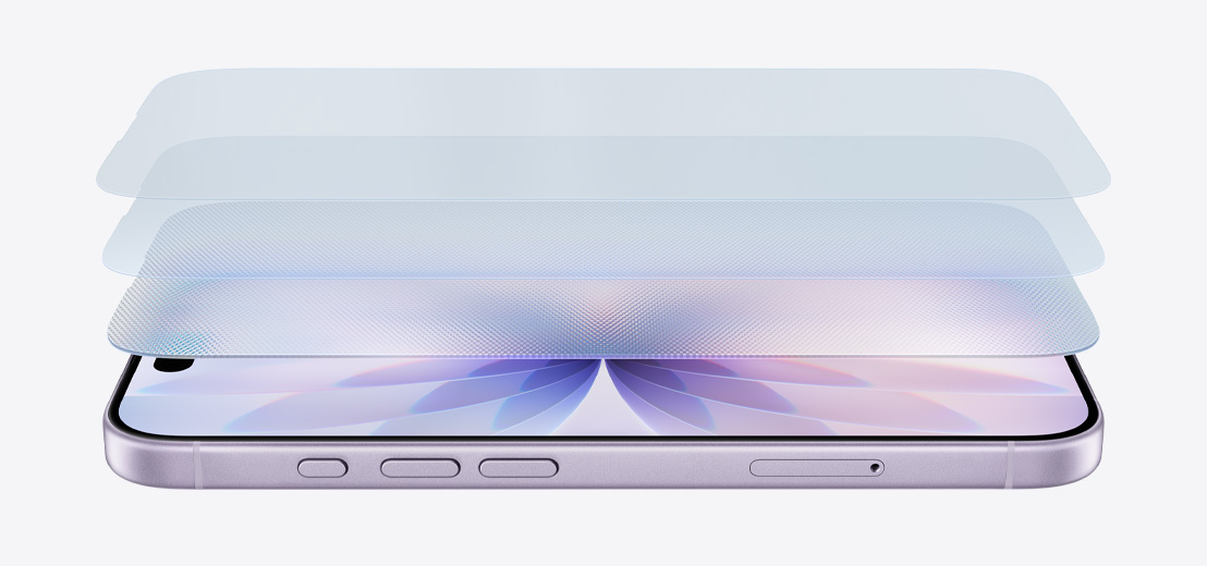 iPhone 17 i farven lavendel ligger vandret, et lagdelt design viser Ceramic Shield 2