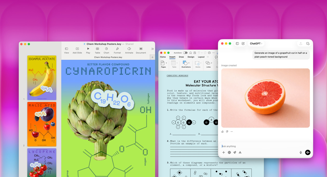 Auf einem wird mit ChatGPT ein Bild von einer Grapefruit erstellt, daneben ein Keynote Dokument mit Bildern von Obst und Gemüse und zugehörigen Molekülverbindungen sowie ein zugehöriges Microsoft Word Dokument