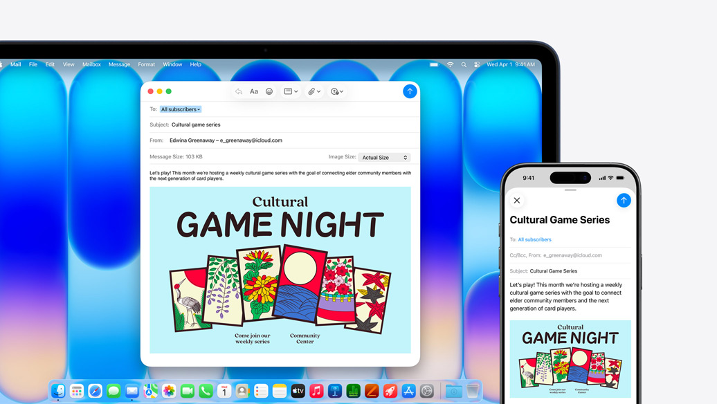 MacBook Neo, Farbe Indigo, neben einem iPhone, beide Displays zeigen dieselbe E-Mail, die eine Veranstaltung in einem Gemeindezentrum ankündigt