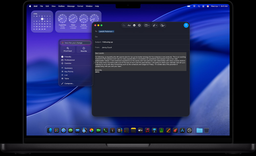 Les Outils d’écriture d’Apple Intelligence sont utilisés pour rédiger un e-mail